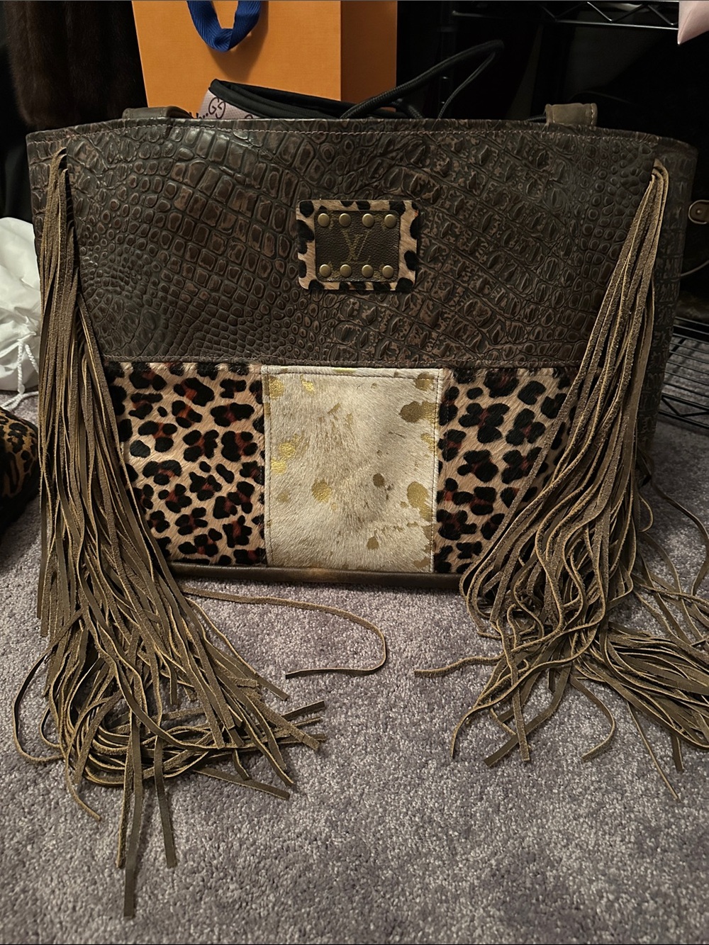 Fringe Leopard Patchwork Tote Bag in Brown and Cream with Louis Vuitton Recycled